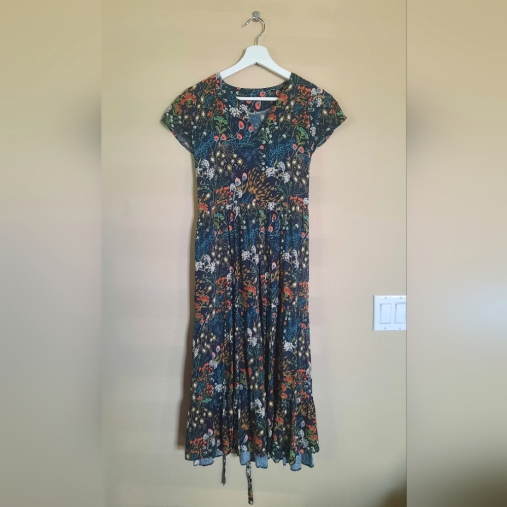 Graphic Floral Midi Dress Tiered One Size Tie Back Adjustable